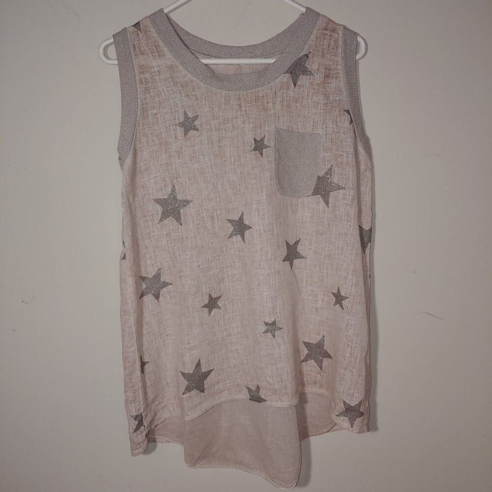 Made in Italy Linen Blend Split Back with Bow Sleeveless Top Silver Cream Size M
